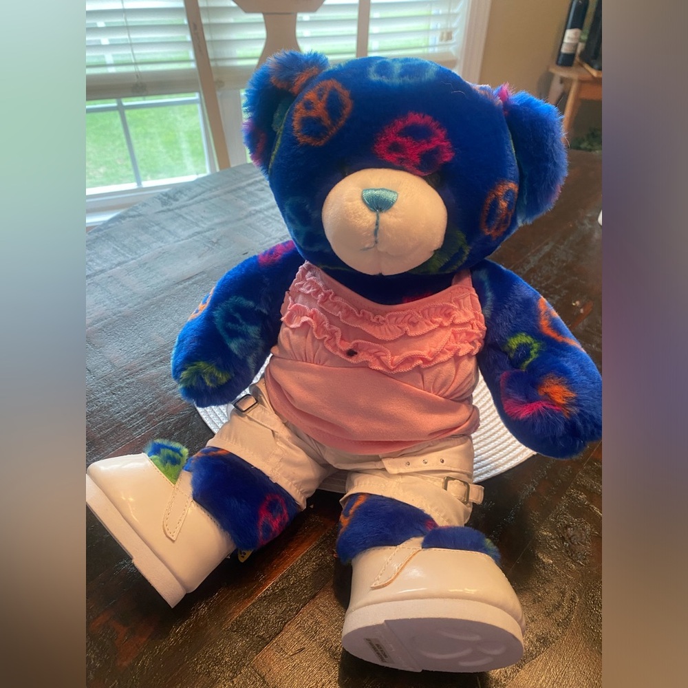 Build-A-Bear Blue Plush Bear with Multicolor Peace Signs and Pink Top